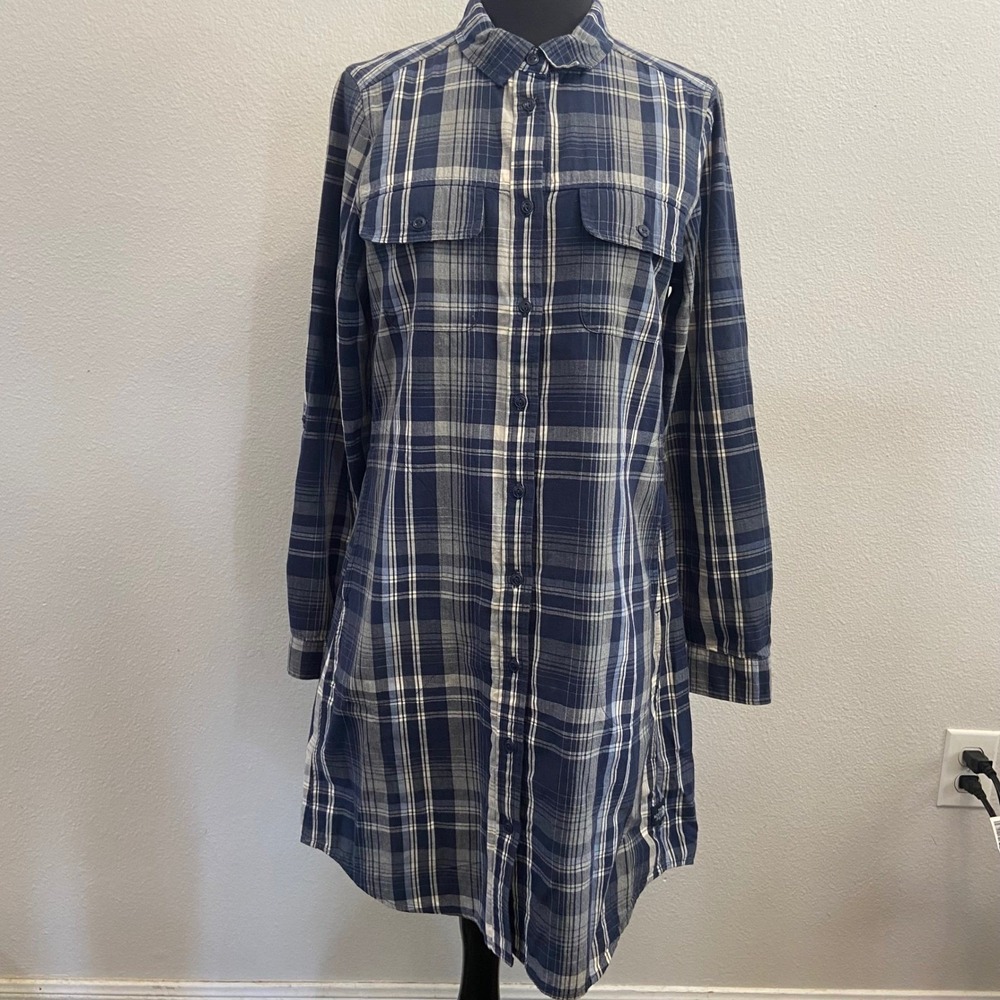 The North Face Women's Medium Plaid Shirt Dress Button‎ Down Blue Casual Pockets